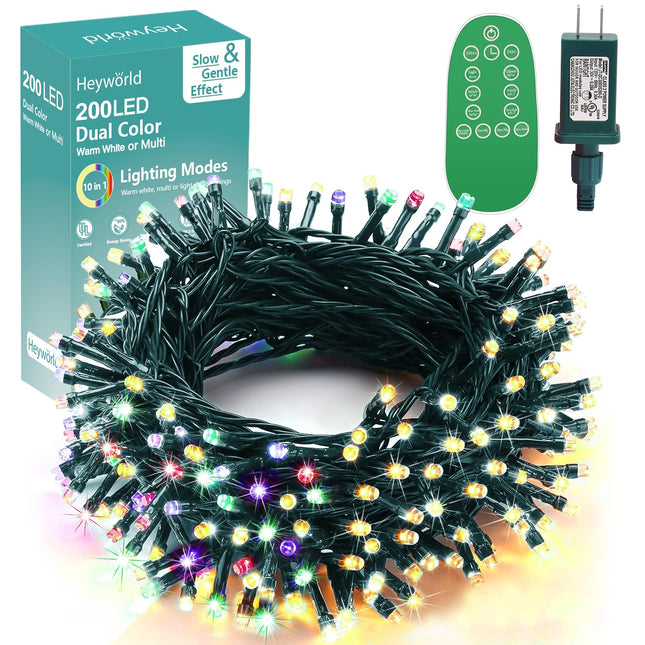 200LED Dual Color Changing Christmas Tree Lights, Warm White Multicolor Soft Twinkle Lights, UL 10 Modes Fairy Lights with Remote Control 70ft End-to-End Connect, Indoor Outdoor Use
