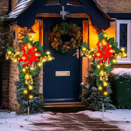 Ganeen 2 Pcs Solar Stake Christmas Outdoor Decorations Christmas Yard Stake Decor LED Lights Cemetery Grave Cross Stake Christmas Poinsettia Decor for Holiday Garden Pathway Lights (Poinsettia)
