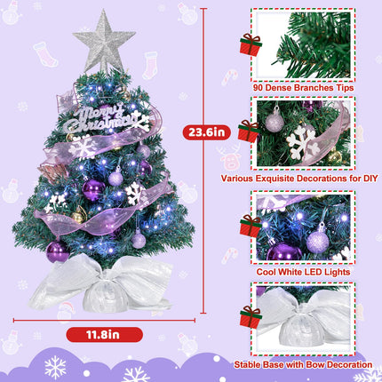 24In Tabletop Christmas Tree, Mini Christmas Tree with DIY Ornaments 35 LED Lights Star Treetopper, Small Xmas Artificial Tree for Holiday Indoor Christmas Decoration (Purple)