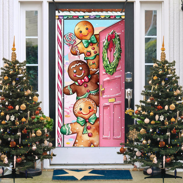 Deroro Christmas Gingerbread Man Door Cover Decorations, Pink Xmas Wreath Peppermint Candy Front Door Banner Background, Snowflake Winter Holiday Indoor Outdoor Home Decor 3 x 6 FT