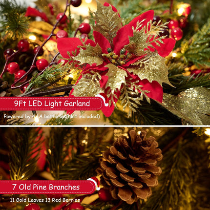 Pre-Lit Christmas Garland Decoration - 9FT Battery Christmas Garland with Lights, including Pine Cones, Safflower, Red Berry Cluster, Pine Branch, Leaves, Mixed Decors for Mantel Fireplace Stairs Door