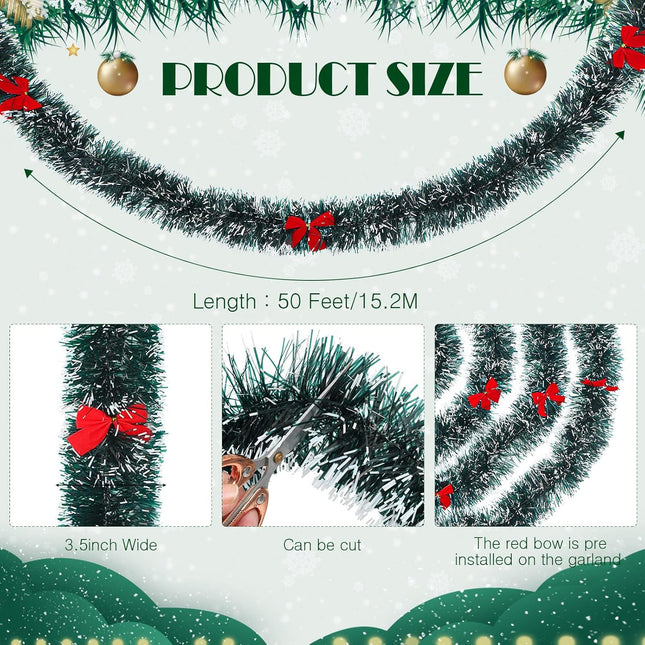 Yilloog 50ft Christmas Tinsel Garland with 38 Red Bows Metallic Christmas Tree Garland Hanging Garland Christmas Decorations Vintage Tinsel Wreaths for Holiday Indoor Outdoor Party Supplies(White)