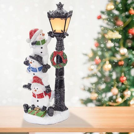 VP Home Christmas Snowman Decor Christmas Figurines Resin Snowman Lighted Decorations Indoor Glowing Lamppost Trio Wreath LED Holiday Light Up Snowman Indoor Festive Fiber Optic Decorations