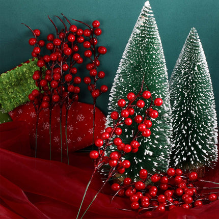 Set of 20 Christmas Artificial Holly Berries Twig Stem Artificial Flowers Winter Berries Bunch Fake Berries Bunch for Christmas Tree Decorations and DIY Craft (Red, Style D)