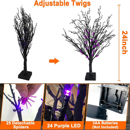 [ Timer ] TURNMEON 2FT/24'' Prelit Halloween Black Tree Decor with 25 Spiders & 24 Purple Lights Battery Operated Artificial Halloween Spooky Tree Halloween Indoor Tabletop Home Holiday Decorations