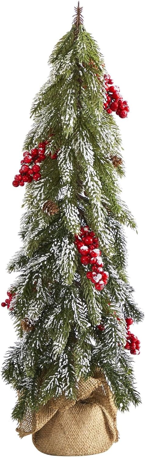 Nearly Natural 24in. Flocked Christmas Artificial Tree with Berries and Pine Cones