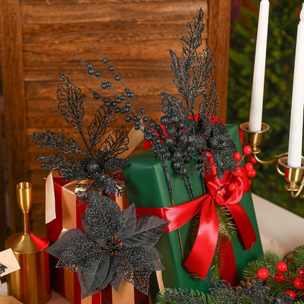 24CT 3 Styles Glitter Artificial Ilex Berry Branch&Holly Leaf Christmas Decorations, Fake Berries Stems Ornaments for Tree/Garland/Wreath, Faux Xmas Decor Indoor&Outdoor, Black