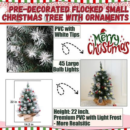 Mini Christmas Tree 2FT with Lights丨White Tabletop Christmas Tree with Flocking Snow Frost Tips Berries Wood Base with Burlap 55CM Small Xmas Pine Tree for Holiday Home Decoration