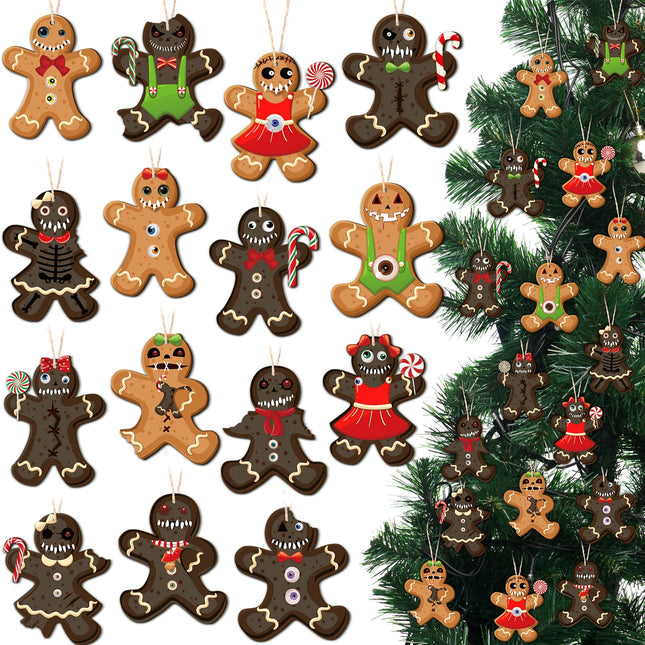 30 Pcs Ginger Dead Man Horror Wooden Ornament Goth Gingerbread Man Christmas Tree Hanging Ornaments Creepy Spooky Scary Prop Christmas Decorations for Christmas Parties and Events
