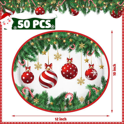 Christmas Paper Platters Disposable Christmas Ball Oval Party Plates 10" x 12" Large Christmas Dinner Serving Platters for Xmas Holiday Party Supplies Dinnerware Table Decorations, 50 Pcs