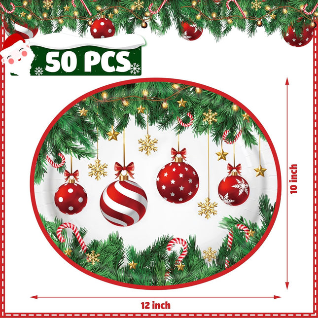 Christmas Paper Platters Disposable Christmas Ball Oval Party Plates 10" x 12" Large Christmas Dinner Serving Platters for Xmas Holiday Party Supplies Dinnerware Table Decorations, 50 Pcs