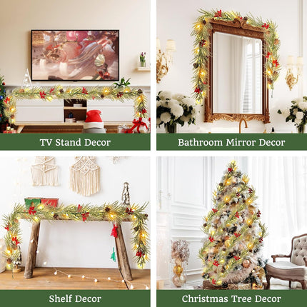 Christmas Garland with Lights, 6FT Artificial Red Berry Xmas Garland and Pinecones, Battery Operated with 20 Globe LEDs for Mantle, Front Door, Stairs Railing, Home Holiday, Indoor, Outdoor Decor
