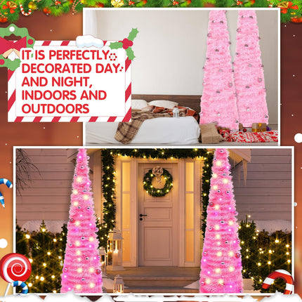 Hiboom 2 Pcs Collapsible Pop up Christmas Tinsel Tree with Light Hanging Ornament 5 ft Artificial Pencil Christmas Tree Decoration Star Pop Tree Artificial Xmas Tree for Decoration(Pink)