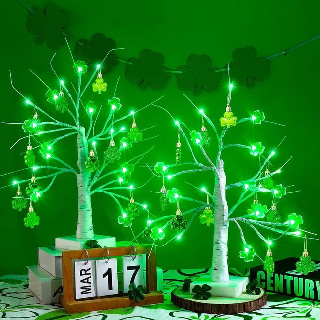 St Patricks Day Decorations, 2 Pack 18 Inches Lighted Birch Tree for Tabletop, Adjustable Lucky Green Lighted Tree Decor with 24 PCS Shamrock Hanging Ornaments for Saint Patrick Indoor Outdoor Party