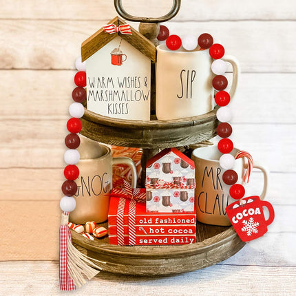 Hot Cocoa Wood Bead Garland Decorations Farmhouse Christmas Holiday Tiered Tray Decor Hot Chocolate Marshmallow Rustic Wooden Beads with Red Plaid Tassels Winter Year Ornaments