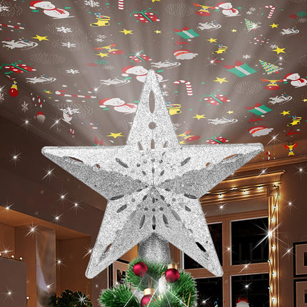 Star Christmas Tree Topper Lighted with 6 Projection Modes - Spark Christmas Decorations Treetop LED Rotating Glitter Decor(Silvery)