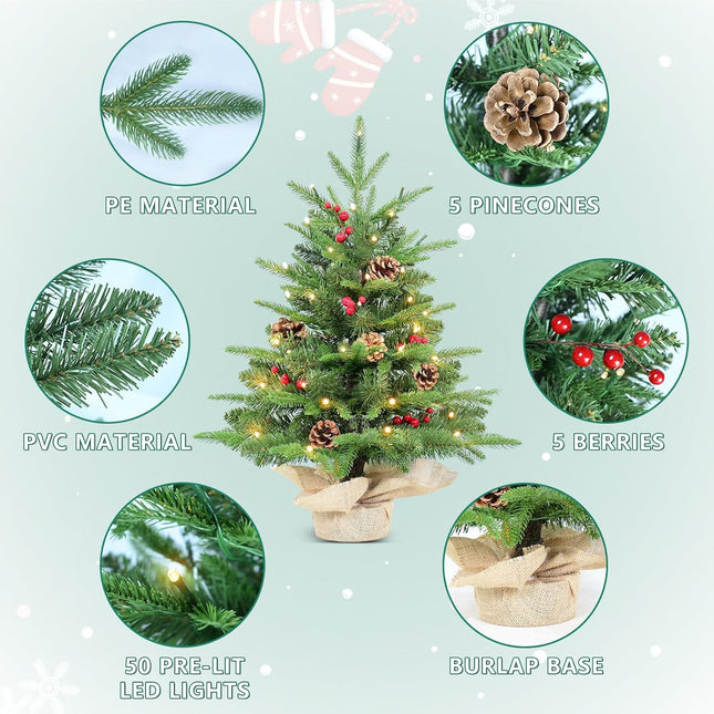 Kadunmina 2ft Prelit Table Top Christmas Tree,Mini Artificial Christmas Tree with 50 Lights&177 Tips&5 Berries&5 Pinecones,Small Tabletop Xmas Tree with Burlap Base for Christmas Table Decor,8 Modes