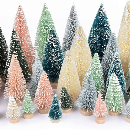 DearHouse 30PCS Artificial Mini Christmas Trees, Mini Pine Tree Sisal Trees with Wood Base Bottle Brush Trees for Christmas Table Top Decor Winter Crafts Ornaments (Pink, 30)