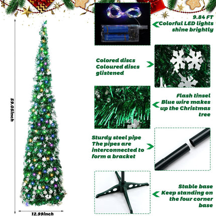 Barydat 5ft Pop up Christmas Tree with Lights Collapsible Tinsel Trees Reusable Pull up Christmas Tree with Snowflakes Sequins Slim Pencil Tree for Christmas Party Holiday Fireplace Home(Green)