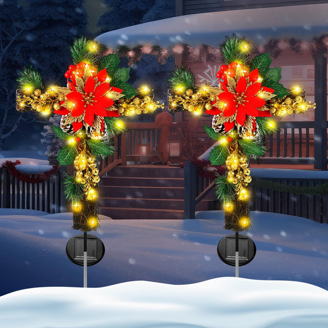 Ganeen 2 Pcs Solar Stake Christmas Outdoor Decorations Christmas Yard Stake Decor LED Lights Cemetery Grave Cross Stake Christmas Poinsettia Decor for Holiday Garden Pathway Lights (Poinsettia)
