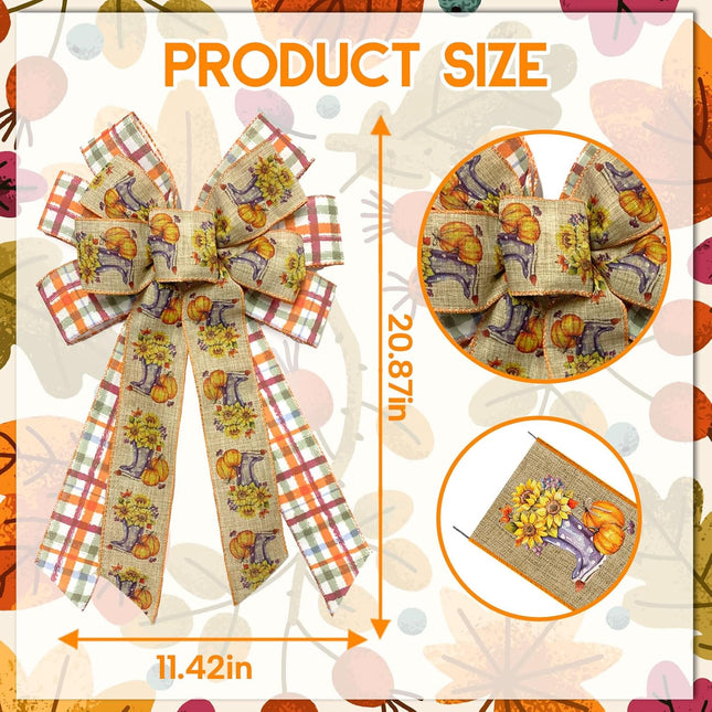 Large Fall Thanksgiving Wreath Bow for Front Door Vintage Pumpkin Sunflower Plaid Burlap Linen Bow for Wreath Thanksgiving Christmas Party Home Wall Decoration Ornament Supplies