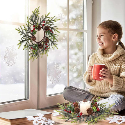 Mini Small Christmas Wreaths for Kitchen Cabinets-8pcs Christmas Candle Rings- Frosted Cedar Christmas Candle Rings Wreaths for Pillars/Window/Chair Wall-Christmas Table Centerpieces Decorations