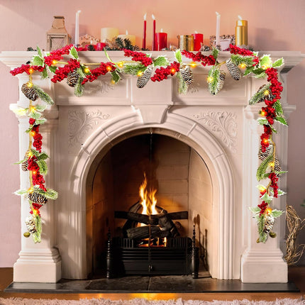 6.6FT Prelit Christmas Garland with 20 LED Lights Battery Operated Christmas Garland with Pine Cone Red Berries Lighted Christmas Garland Decoration for Mantle Stairs Fireplace