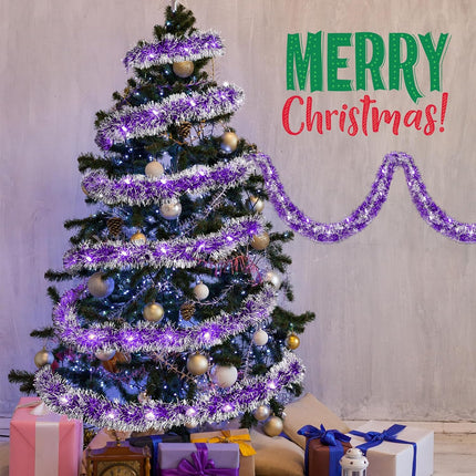 Ceenna 32.8 Feet by 3.5 Inch Christmas Tinsel Garland with 32.8 Feet 100 LED Lights for Xmas Tree Party Christmas Decorations, Room Decor, Wedding, Birthday, Party Supplies (4 Pcs,Purple)
