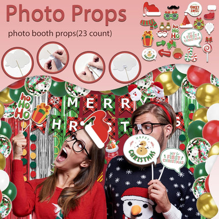 131 Pcs Christmas Decorations Indoor, Christmas Party Supplies - "MERRY CHRISTMAS" Banner, Photo Prop, Balloon Party Kit, Hanging Swirl, Fringe Curtain