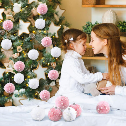 Wettarn 24 Pcs Christmas Tree Ball Ornament Pastel Pink White Plush Christmas Ball Ornaments 3.15 Inch Decorative Hanging Decor for Xmas Tree Year Holiday Wedding Party Wreath Garland Decorations