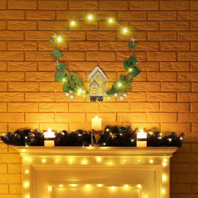 Light Up Christmas Wreath for Front Door - 2 Pcs 12 Inches LED Prelit Christmas Hoop Wreath with Lighted House for Xmas Holiday Winter Decor Modern Mantel Decoration