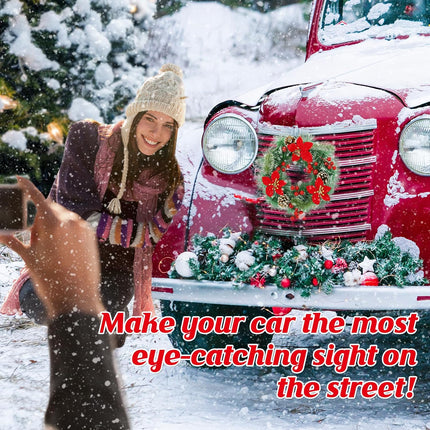 Car Wreath Truck Christmas Decor - 11.8in Xmas Front Grille Decoration s for SUVs Automotive, Winter Holiday Artificial Pine Needles Pinecone Ornament Accessories - Red Flower Berry