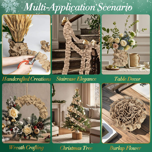 Burlap Ribbon - RAINFLOW 3 Pack Christmas Tree Skirt Decorations for Home Crafts Burlap Roll Jute Burlap Fabric Garland Vintage Home Decor Ruffle Tree Skirt 9 ft 2.7 Inch Wide