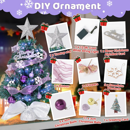 24In Tabletop Christmas Tree, Mini Christmas Tree with DIY Ornaments 35 LED Lights Star Treetopper, Small Xmas Artificial Tree for Holiday Indoor Christmas Decoration (Purple)