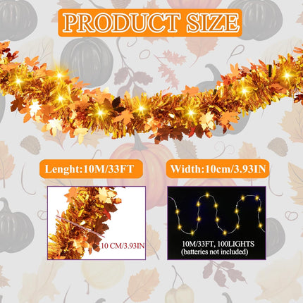 33FT Thanksgiving Tinsel Garland with LED Lights Golden Maple Leaf Metallic Twist Tinsel Garland Battery Operted Lighted Hanging Garland for Autumn Thanksgiving Halloween Party Decoration