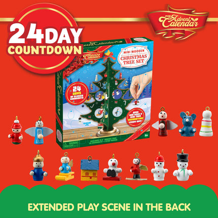 JOYIN Christmas 24 Days Countdown Advent Calendar with a Tabletop Wooden Christmas Tree and 28 Ornaments Snowman Santa Decorations for Boys, Girls and Kids Party Favors, Classroom Prizes, Xmas