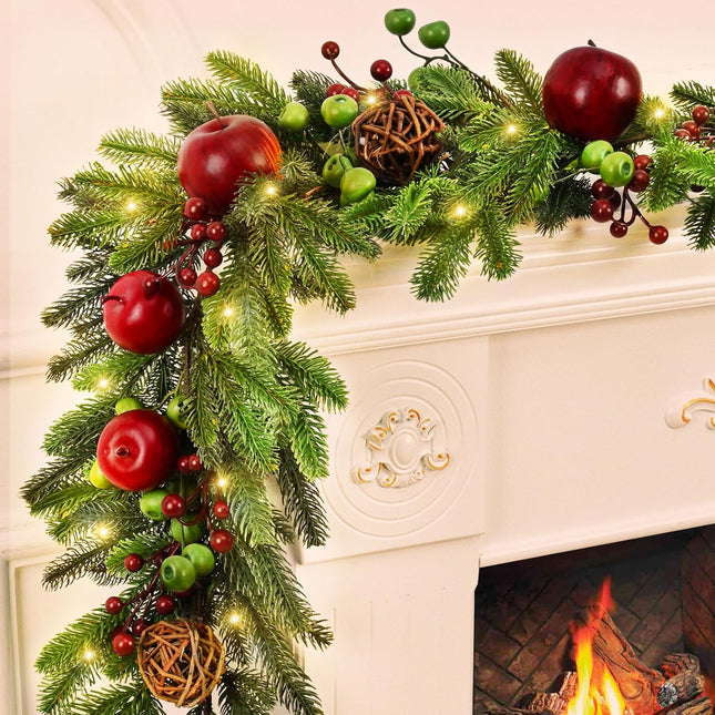 Christmas Garland Decorations, 5.9 FT Norfolk Pine Garland with Faux Fruits Berries, Cedar Garland Pine Garland Christmas Garland for Mantle Indoor Outdoor Table Door Christmas Decor