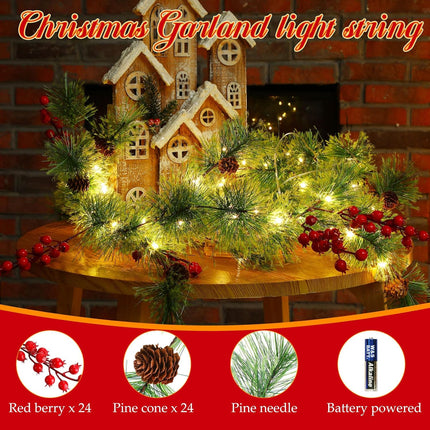 Retisee 4 Pcs 26.24 ft Christmas Garland with Lights Christmas Smokey Pine Garland with Remote Control, 120 LED Lights 8 Mode, Red Berry Garland for Indoor Outdoor Fireplace Mantel Stairs Decorations