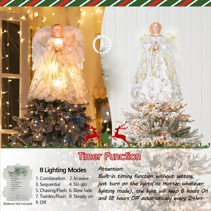 HMASYO Christmas Tree Topper Angel with Timer Lights, 12" Lighted Angel Tree Toppers with White Feather Wings and Star Light, Angel Tree Toppers Christmas Tree Top Decorations Xmas