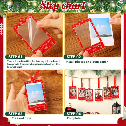 24 Pcs Merry Christmas Picture Frame Ornaments Acrylic 2 x 3 Frame Ornaments for Instax Hanging Photo Ornaments for Polaroid with Red Ribbon Picture Frames for Christmas Tree