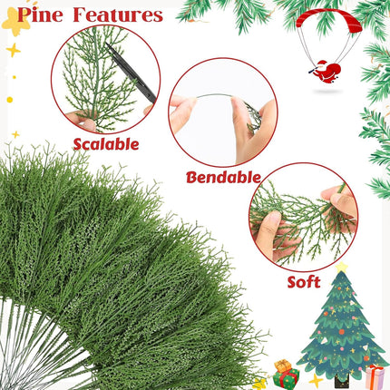 Artificial Pine Branches, 100 Pcs Faux Green Pine Needles Greenery Cedar Twigs Stems for Christmas Decorations Holiday Craft DIY Garden Garland Wreath Xmas Winter Home Decor