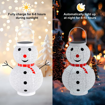 Christmas Decorations Solar Lantern - Hanging Snowman Solar Lantern Outdoor Waterproof , Metal Standing Solar Powered LED Lantern Decorative Lights for Outside Garden Yard Porch - White