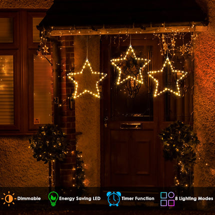 MAOYUE Window Lights 3 Pack Christmas Window Star Lights with Timer Battery Operated Christmas Decorations 8 Lighting Modes with 3 Remote Controls for Outdoor, Indoor, Porch, Party, Warm White
