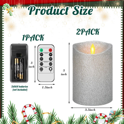 Retisee 2 Pcs Glitter Flameless Candles, 3.5'' x 5'' Realistic Artificial Metallic Flame LED Candles Battery Operated Candle with Remote for Christmas, Wedding, Birthday, Anniversary(Sliver)