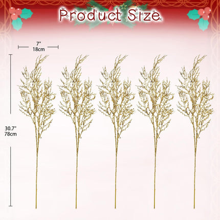 30.7" Christmas Gold Glitter Stems, 5Pcs Artificial Spray Leaf Picks Tall Branches for Christmas Tree DIY Xmas Wreath Garland Arrangment Vase Bouquets Table Centerpieces Decoration Home Decor