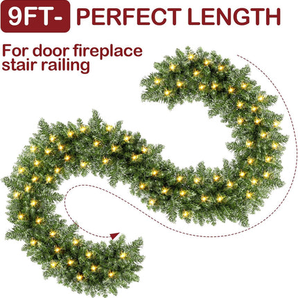9FT Prelit Christmas Garland Artificial Pine Garland Decoration 50LED Battery Operated Warm Lights and Timer Xmas Garlands Decor Indoor Outdoor (1)