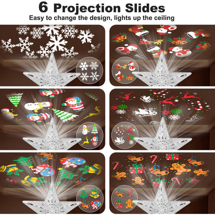 Christmas Tree Toppers Lighted with 6 Projection Modes, Christmas Star Tree Topper with Built-in LED Rotating Lights, Silver 3D Glitter Projection for Xmas Party Holiday Decorations
