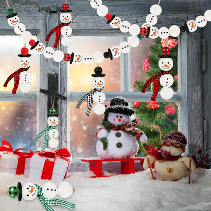 TREWAVE 205 Pieces Christmas Snowman Wooden Beads Craft Project Natural Polished Wood Bead with Twine, Winter Christmas Tree Hanging Ornaments, Rustic DIY Garland Decoration for Home (Snowman)