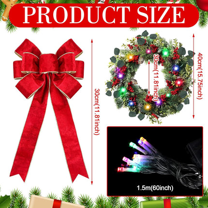 2 Pcs 16 Inch Pre Lit Christmas Wreath with Large Red Bow, Battery Operated Xmas Wreaths, Artificial Front Door Wreaths, Adorned with Red Berries, Pine Needle, Holly Leaves Xmas Door Decor