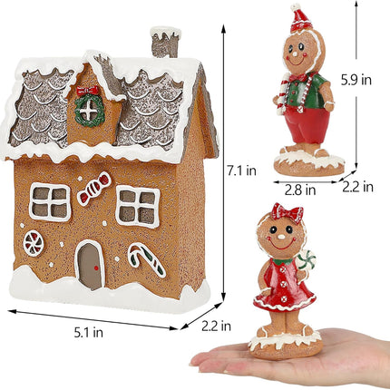 Lulu Home Christmas Tabletop Decorations, Resin Gingerbread House and 2 Gingerbread Men Figurines Adorn with Candy Cane Wreath for Indoor Holiday Fireplace Shelf Ornaments Display